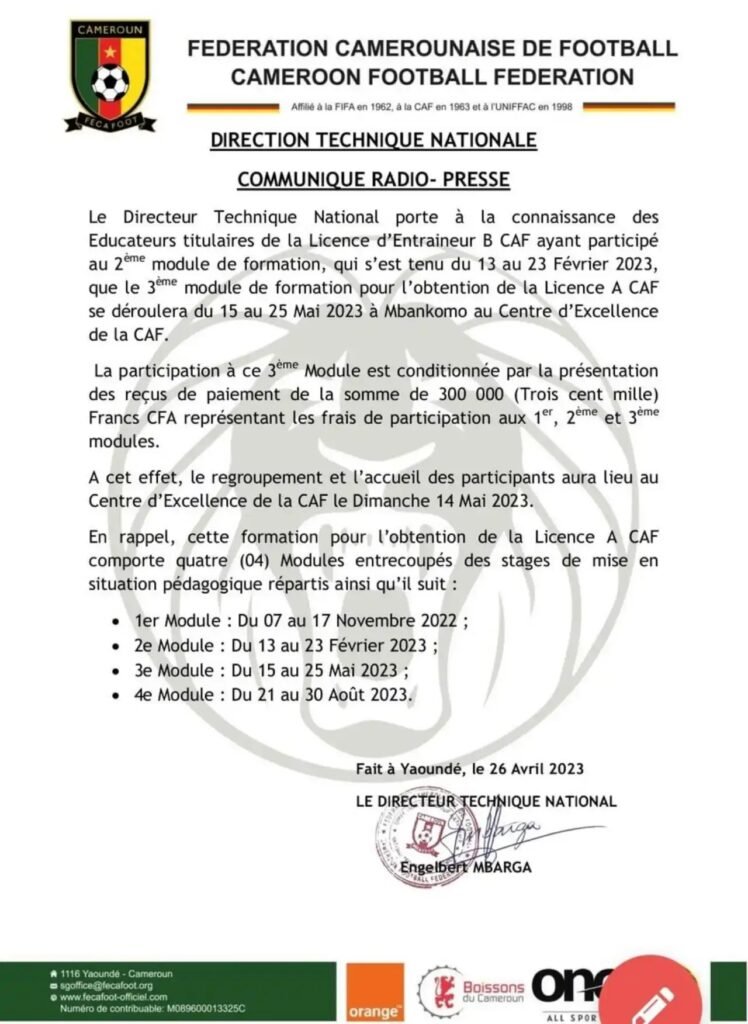 CAF Certification Exams For Football Coaches in Cameroon Announced